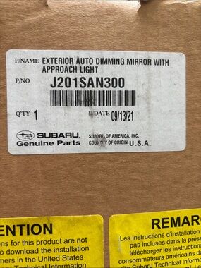 Subaru Exterior Auto Dimming Mirror with Approach Light - Brown Box Label
